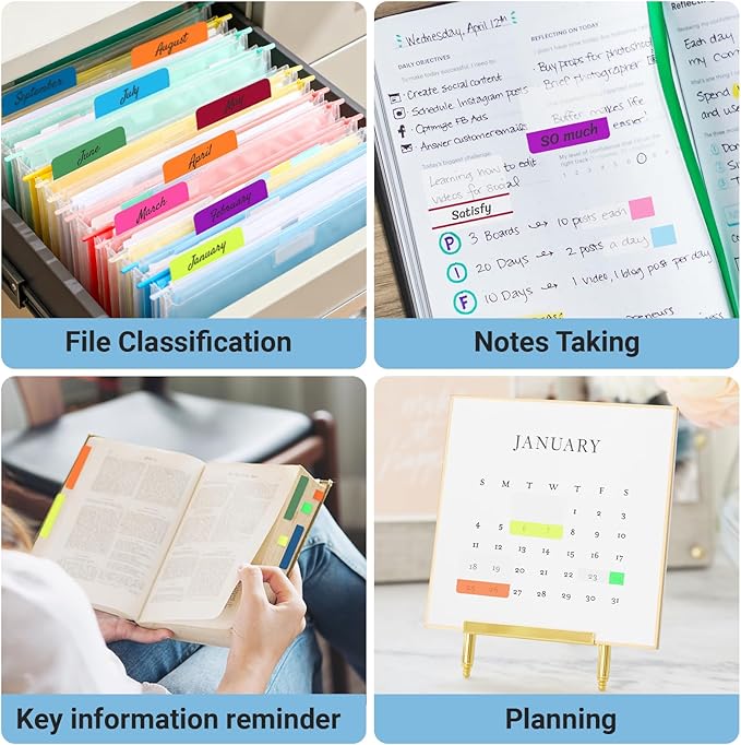 EUSOAR Sticky Tabs, 480 Pcs Multi-Colored Page Markers Sticky Tabs Transparent Self Adhesive Stickers, Repositionable Book Flags Strip Note Index Tab for Annotating Books Classify File Binders