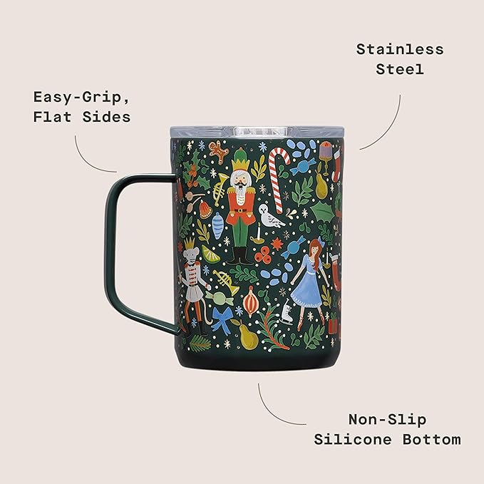 Corkcicle x Rifle Paper Co. Triple Insulated Coffee Mug with Lid & Handle - Keeps Beverages Hot for 3+ Hours - Gift for Mom - Great for Mother's Day or Christmas - 16 oz - Nutcracker Green