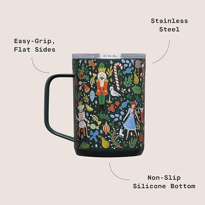Corkcicle x Rifle Paper Co. Triple Insulated Coffee Mug with Lid & Handle - Keeps Beverages Hot for 3+ Hours - Gift for Mom - Great for Mother's Day or Christmas - 16 oz - Nutcracker Green