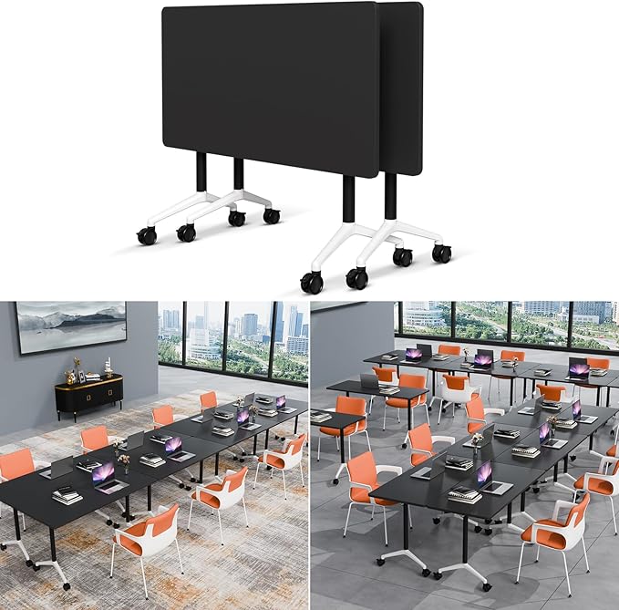 Folding Conference Table Modern Large Mobile Meeting Table Rolling Conference Room Tables with Wheels Seminar Tables for Office Training Classroom (2, Black, 55" D X 23.6" W X 29.5" H)
