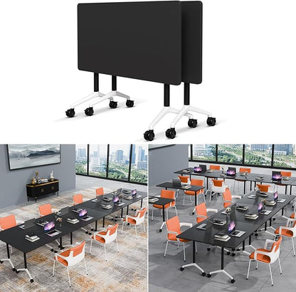 Folding Conference Table Modern Large Mobile Meeting Table Rolling Conference Room Tables with Wheels Seminar Tables for Office Training Classroom (2, Black, 55" D X 23.6" W X 29.5" H)