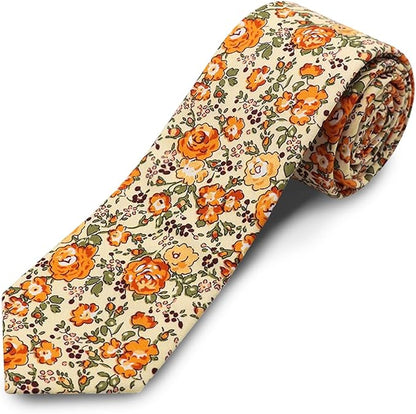 Cotton Floral Ties for Men 2.76" Men's Skinny Tie Linen Flower Printed Neck Tie for Wedding Dating Party