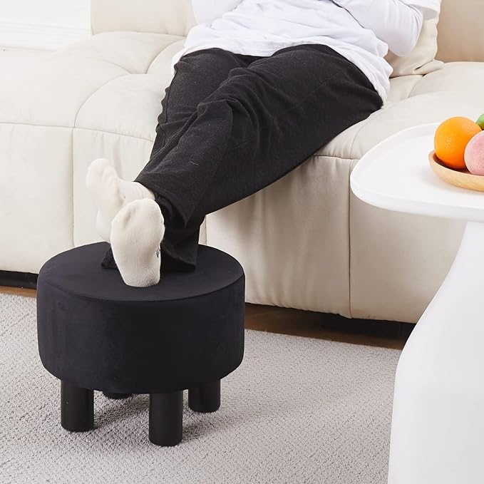 Cpintltr Velvet Ottoman Round Footrest Stool Upholstered Step Stool Ottomans Sofa Stool 4 Wood Legs with Anti-Slip Pads Modern Accent Home Decor Suitable for Living Room Bedroom Entryway Black