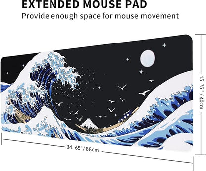 MEWOOCUE® Gaming Mouse Pad for Desk,Large Wave Mousepad Laptop,Black Japanese Anime Mouse Mat,Long XXL Waterproof Keyboard Pads,Big Non-Slip Mousepads for Game Office Home（35.4 x 15.7 in）
