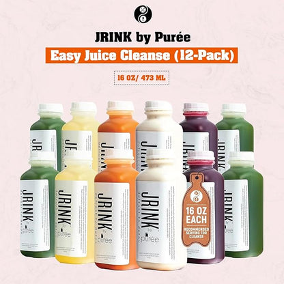 JRINK by Purée Easy Juice Cleanse, Cold Pressed Detox Drink with Organic 2 Day-Healthy Vegetable and Fruit Juice, Frozen Pressed Juice Cleanse, 12 Bottles, 16oz Each