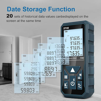 HANMATEK Laser Measure 328 Feet Digital Laser Tape Measure M/in/Ft Unit Switching Backlit LCD and Pythagorean Mode, Measure Distance, Area and Volume - Hand Strap and Battery Included DT100