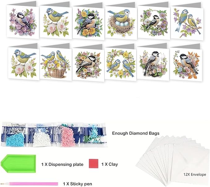 jinglinhh 12pcs Diamond Art Painting Bluebird Flower and Bird Nest Greeting Cards with Envelopes, DIY Card Making Kits for Adults, Diamond Art Postcards Christmas Cards Craft Gifts