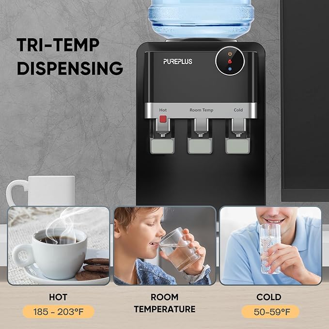 PUREPLUS Top Loading Water Cooler Dispenser, Countertop Water Cooler for 3 or 5 Gallon Bottles, Hot & Cold Water, 3 Temperature Settings, Child Safety Lock, Removable Drip Tray for Home, Office