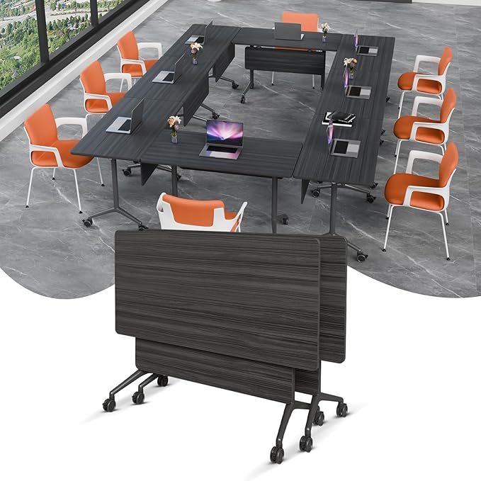 Folding Conference Table, Rectangular Conference Room Tables, Mobile Modular Training Table, Solid Steel Frame,Thickened Panel,for Offices,Meeting Room,Offices andSchools (2, Ebony, 47in)