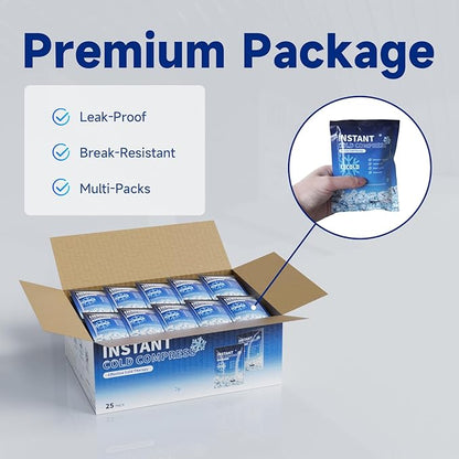 25 Instant Ice Cold Packs, 4.4" x 6" Disposable Ice Packs for Injuries, Pain Relief, No Freeze Needed Cold Compress for First Aid, Athletes