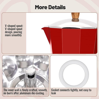 12 Cup Aluminum Moka Pot Classic Stovetop Espresso Coffee Maker 600ml 20oz Coffeemaker Percolator Mocha Pot Greca Coffee Maker Cafe Makers for Italian and Cuban Café Brewing Red