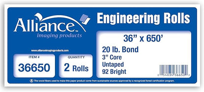 Alliance Wide Format Paper 36" x 650' Rolls Bond Engineering (20lb | 2 Rolls, 36 In x 650 Ft | 3" Core)…