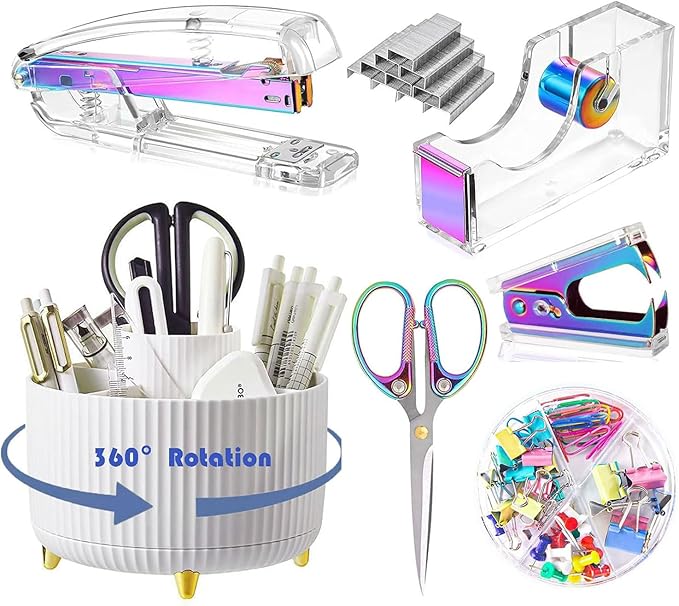Desk Organizers and Accessories 7Pcs Set with 360-Degree Rotating Pen Holder, Acrylic Stapler, Tape Holder, Staple Remover, Binder/Paper Clips Kit, Scissor and 1 Box of Staples