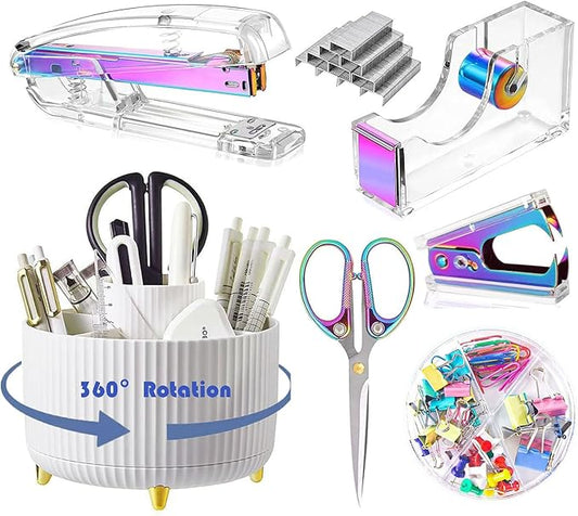 Desk Organizers and Accessories 7Pcs Set with 360-Degree Rotating Pen Holder, Acrylic Stapler, Tape Holder, Staple Remover, Binder/Paper Clips Kit, Scissor and 1 Box of Staples