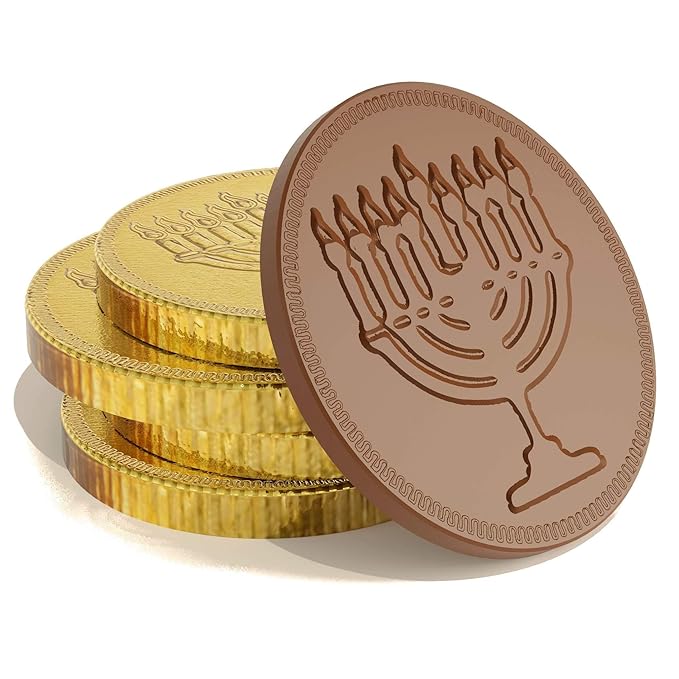 The Dreidel Company 25-Pack Premium Belgian Chocolate Gelt Milk Chocolate Coins, Gold Hanukkah Gelt, With Menorah And Dreidel Design (25 Coins)