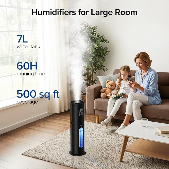 Smart Humidifiers Large Room, 7L/1.85Gal Cool Mist Humidifier for Bedroom, Top Fill, Smart App & Remote Control, 4 Mist Levels