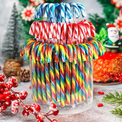 Christmas Candy Canes Tutti Frutti, Blue/White Peppermint, Red and White Cherry Mix Flavors - Bulk Candy Canes Individually Wrapped for Family Holiday Indulgement, Candy Cane Gift Set (100 Count)