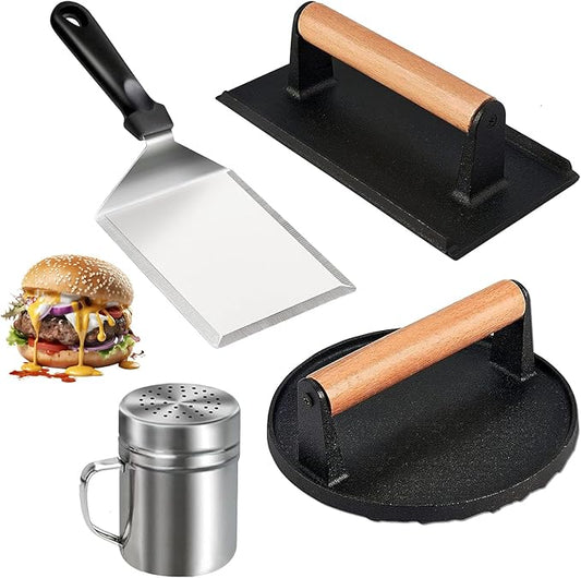 4PCS Griddle Accessories Set, Round & Rectangle Heavy Duty Grill Press, Cast Iron Press Griddle with Wooden Handle for Blackstone, Griddle Spatula, Spice Dredge Shaker