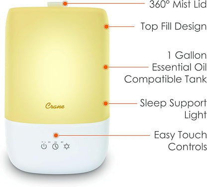 Crane Ultra-Quiet 3-in-1 Humidifier for Baby with Essential Oil Tray, 7-Color Sleep Light, 1 Gallon Top-Fill Tank, Ideal for Bedroom