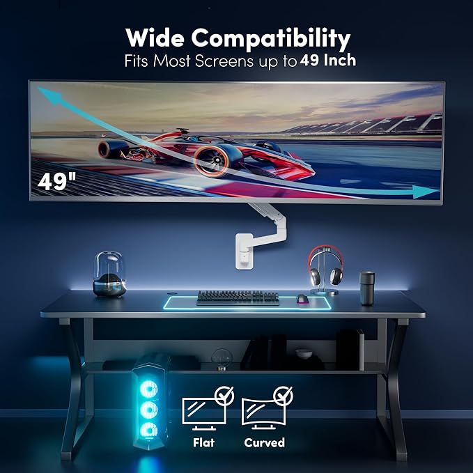 Monitor Wall Mount for 17-49 Inch Ultrawide Monitors, Single Monitor Arm Holds 4.4-44 lbs Screens, Adjustable Premium Aluminum Wall Mount with Max VESA 100x100 for Samsung Odyssey G9 and More, White