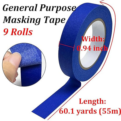 Premium Painters Tape Blue Tape 9 Rolls, 0.94inch x 60.1yds, General Purpose Masking Tape Painting Tapes for DIY Artist Crafts Arts, Labeling, Decorations, Building, Home, No Residue, Removes Easily