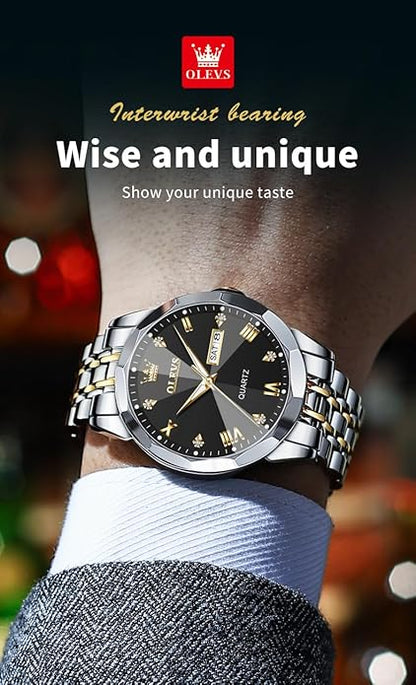 OLEVS Mens Watch Stainless Steel Analog Quartz Watches for Men Day Date Easy Read Diamond Waterproof Dress Luxury Classic Casual Big Face Blue/Black/Gold/Silver Roman Arabic Numerals Men's Wrist Watch