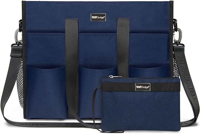 TOPDesign Utility Water Resistant Tote Bag with 22 Pockets, Top Zipper Closure & Thick Bottom Support, for Working Women