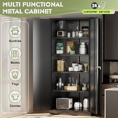 SUNCROWN 72" Metal Storage Cabinet - Heavy-Duty Metal Garage Cabinet with 4 Adjustable Shelves & 2 Doors for Tools, Office, Home, Workshop,Black
