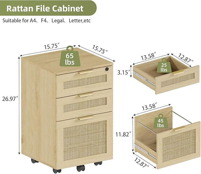HOPUBUY 3 Drawer File Cabinet with Lock, Rattan File Cabinets with Wheels, Small Filing Cabinet for Hanging A4/Letter/Legal/F4, Rolling Wood Filing Cabinets for Under Desk Home Office, Oak