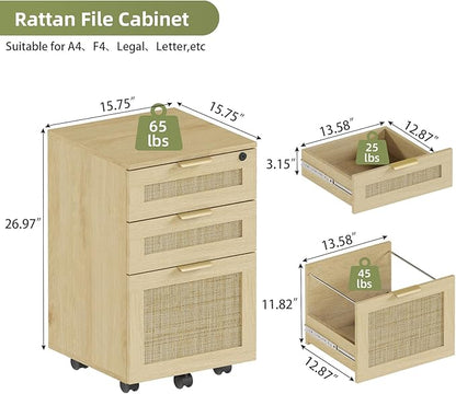 HOPUBUY 3 Drawer File Cabinet with Lock, Rattan File Cabinets with Wheels, Small Filing Cabinet for Hanging A4/Letter/Legal/F4, Rolling Wood Filing Cabinets for Under Desk Home Office, Oak