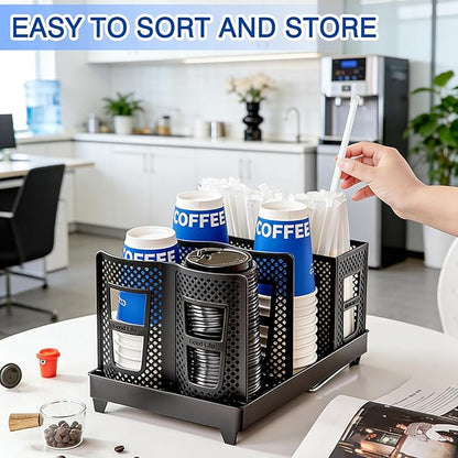 Unbreakable All-in-One Coffee Cup Holder Organizer Adjustable 6-Compartment Countertop Cup and Lid Dispenser with Straw and Coffee Pod Storage for Kitchen Office Breakroom Coffee Station Bar