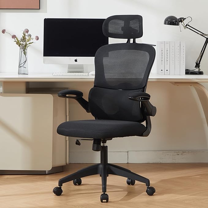 Ergonomic Mesh Office Chair, 400 lbs Capacity, High Back Desk Chair with Adjustable Lumbar Support, 3D Headrest, Flip-Up Armrests, and PU Wheels for Long Workdays and Home Office (Black)