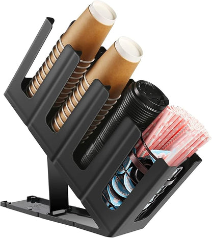Coffee Cup and Lid Holder Organizer,Adjustable Dispenser with Coffee Pod and Straw Storage Basket, Disposable Cup Holder for Countertop