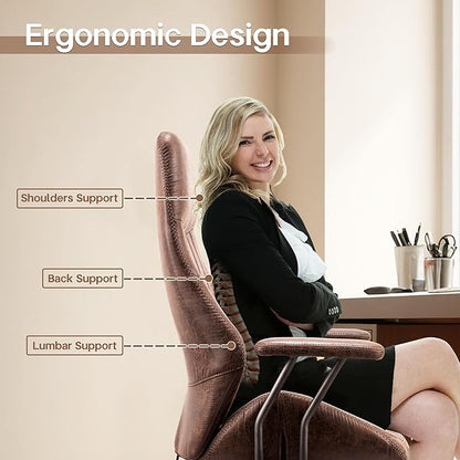 HOOOWOOO Faux Suede Leather Home Office Desk Chair,MCM Modern Ergonomic Task Work Chair,Computer Gaming Chair with Cushion Seat Lumbar Support Reclining High Back for Long Hours(Chocolate Brown)