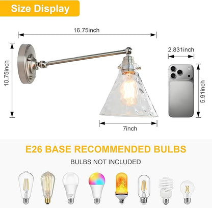 Industrial Vintage Slope Pole Wall Mount Single Sconce with Funnel Flared Clear Glass Shade, Swing Arm Wall Sconce Light Lamp Fixture Hardwired