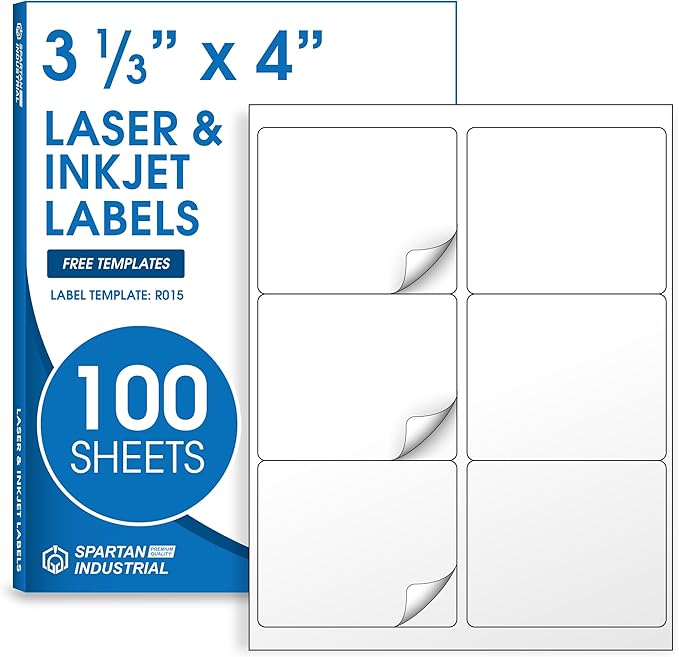 3 1/3" X 4" Matte White Shipping Labels Compatible with Inkjet and Laser Printers - 100 Sheets, 600 Printable Stickers for Mailing, Product IDs, Organization - Spartan Industrial Template R015