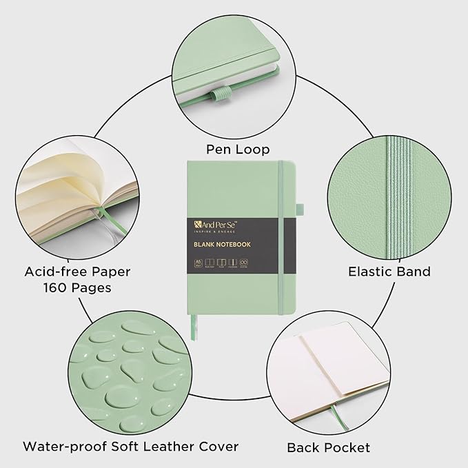 &And Per Se Blank Journal Notebook, 160 Pages, A5 5.7 x 8 inches 100 gsm Thick Paper Notebook Journals for Writing, Hardcover Notebook(1 Pack, Light Green)