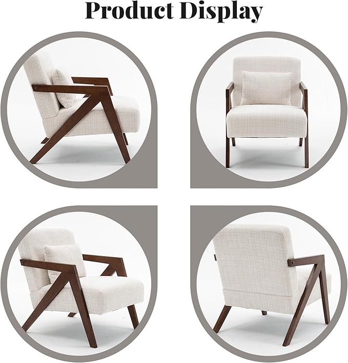 Mid Century Modern Accent Chair with Solid Wood Frame，Upholstered Chenille Living Room Arm Chairs with Pillow for Bedroom, Living Room, Reading Room, Balcony (2, Beige)