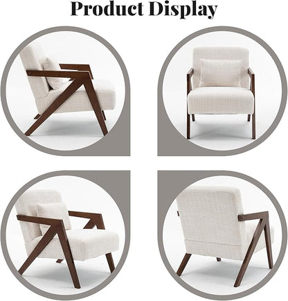 Mid Century Modern Accent Chair with Solid Wood Frame，Upholstered Chenille Living Room Arm Chairs with Pillow for Bedroom, Living Room, Reading Room, Balcony (1, Beige)