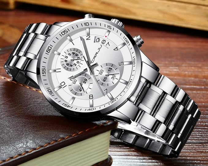 CRRJU Men's Fashion Stainless Steel Watches Date Waterproof Chronograph Wristwatches,Black Steel Band Waterproof Quartz Watch for Men