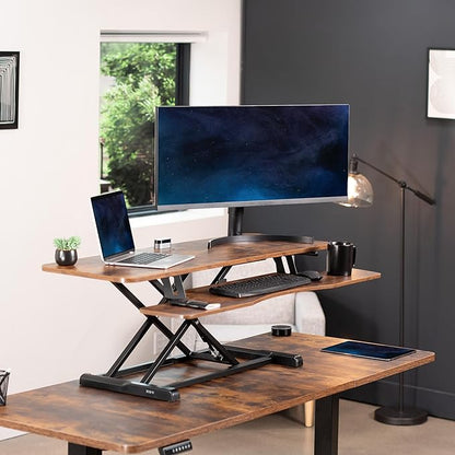 VIVO 48 inch Desk Converter, K Series, Height Adjustable Sit to Stand Riser, Dual Monitor and Laptop Workstation with Wide Keyboard Tray, Rustic Vintage Brown Top, Black Frame, DESK-V048KN