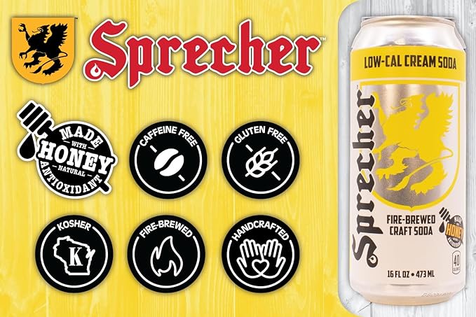 Sprecher Low-Cal Cream Soda, Fire-Brewed Diet Soda with Real Honey, Handcrafted Reduced Calorie Cream Soda, Caffeine-Free Gourmet Beverage – 16 fl oz Cans (12 Pack)