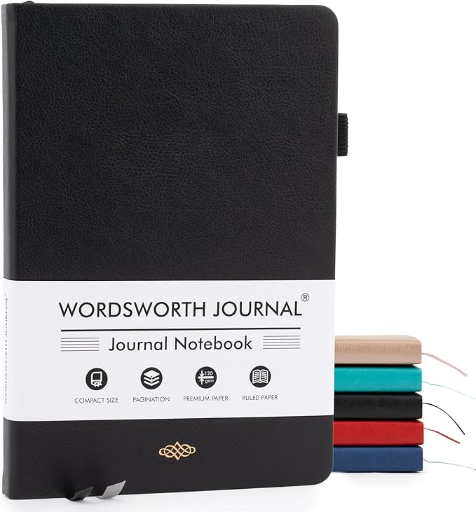 Wordsworth & Black A5 Lined Journal 216 Lined Pages, Hardcover Leather, 120 GSM Paper, Journaling Notebook for Work & Sketching, Journals for Women, Men - Gifts Box Included Black