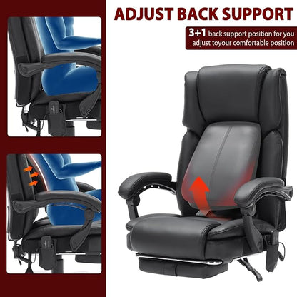 Massage Office Chair with Footrest 4 Points Vibrationand Heat,Reclining Leather Desk Chair for Heavy People,Executive Big and Tall Chairs 500lbs,Adjustable Lumar Support Ergonomic Black