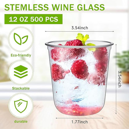 500 Pcs Disposable Stemless Glasses 12oz Crystal Plastic Wine Glasses Clear Classic Pet Cup for Meeting Weddings Birthdays Cocktail Christmas Party Supplies (Clear)
