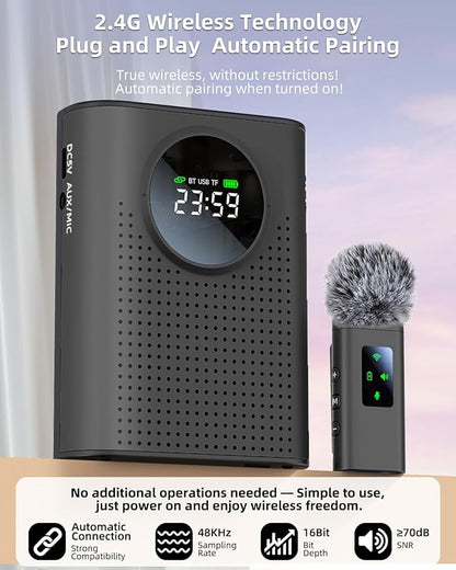 Rechargeable Voice Amplifier Wireless Microphone for Teachers Classroom, Mini Lavalier Lapel Mic Clip Magnetic, Portable Bluetooth Speaker with LED Display for Class, Tour Guide, Coaches, Black