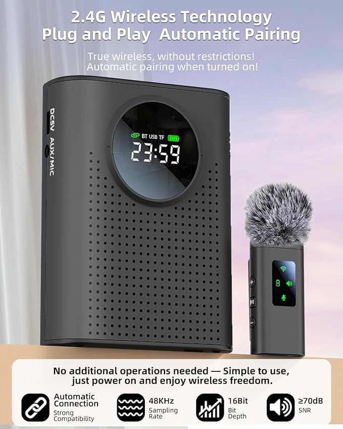 Rechargeable Voice Amplifier Wireless Microphone Dual for Teachers Classroom, Mini Lavalier Lapel Mic Clip Magnetic, Bluetooth Speaker with LED Display for Class, Tour Guide, Coaches, Black