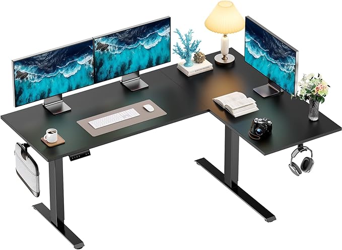 HUANUO 71 x 48 inch Dual Motor L Shaped Electric Standing Desk with 3 Preset Heights, Electric Height Adjustable Computer Table, 2 Hooks & Cable Tray, Raising Desk for Home Office, Black