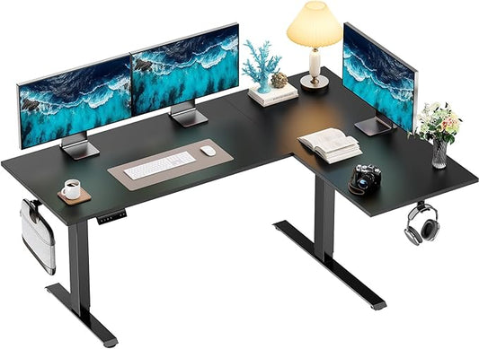 HUANUO 71 x 48 inch Dual Motor L Shaped Electric Standing Desk with 3 Preset Heights, Electric Height Adjustable Computer Table, 2 Hooks & Cable Tray, Raising Desk for Home Office, Black