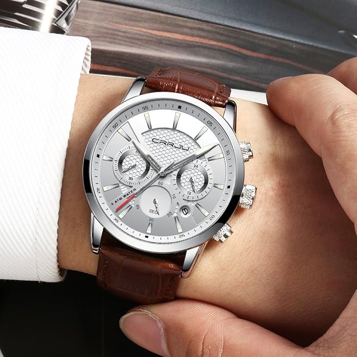 CRRJU Men's Business Casual Chronograph Quartz Waterproof Wristwatch Black Leather Strap